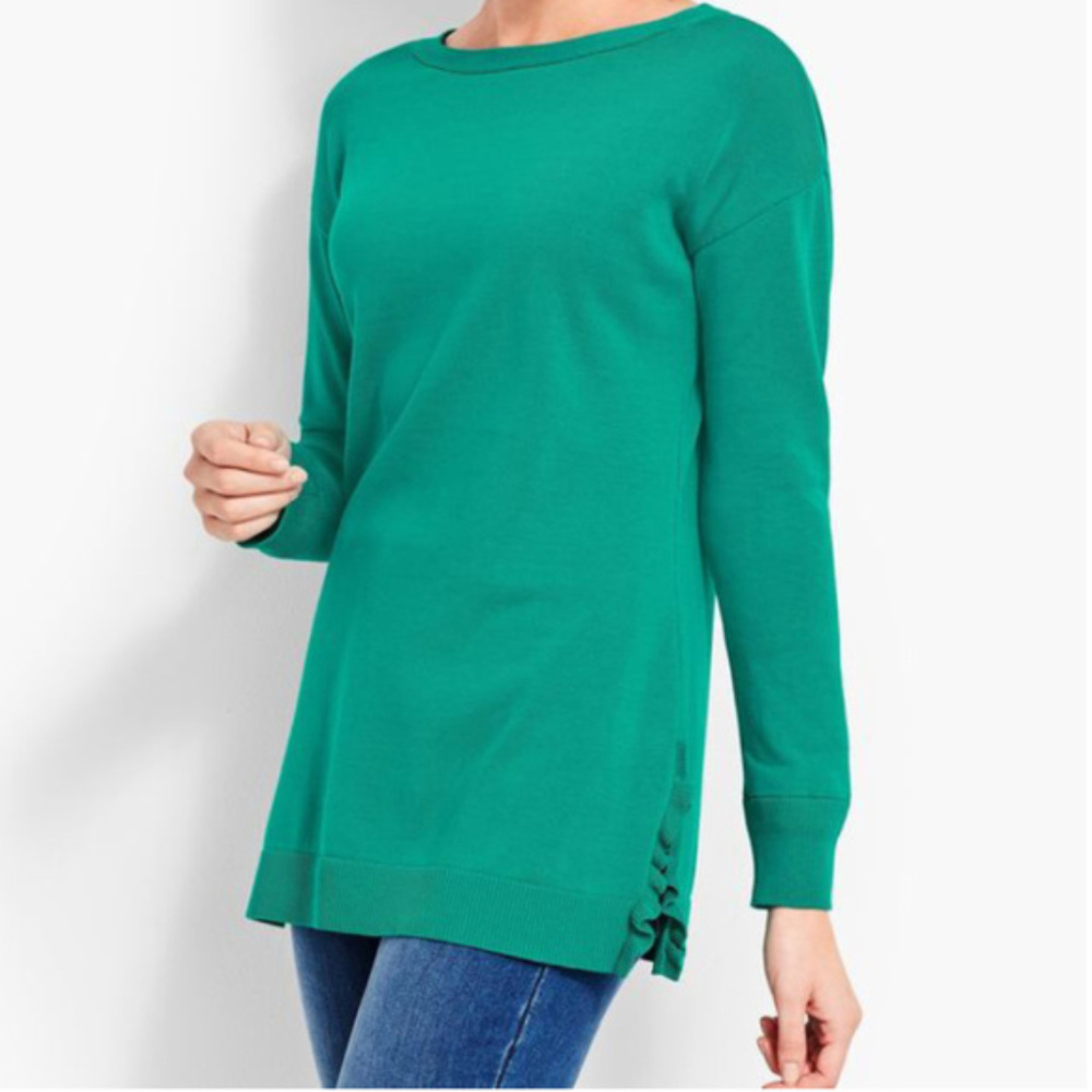 Talbots Crew Neck Sweater Ruffle Side Splits Green